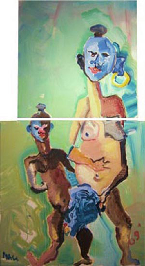 N007 2009 'African Dolls' Diptych' 20"x20" and 24"x24" (Total 24" x 44") 