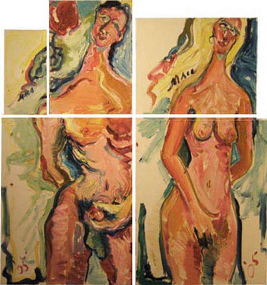 N010 2005 'Adam and Eve in the Garden of America Divided Higher and Lower Selves Doing Their own Thing' 5-part Polytrptych 45"x48" overall