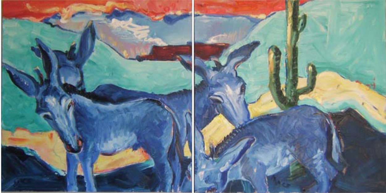 SOLD L024 2009 'Blue Donkeys in the Desert' Diptych' 30"x30" 30"x30"