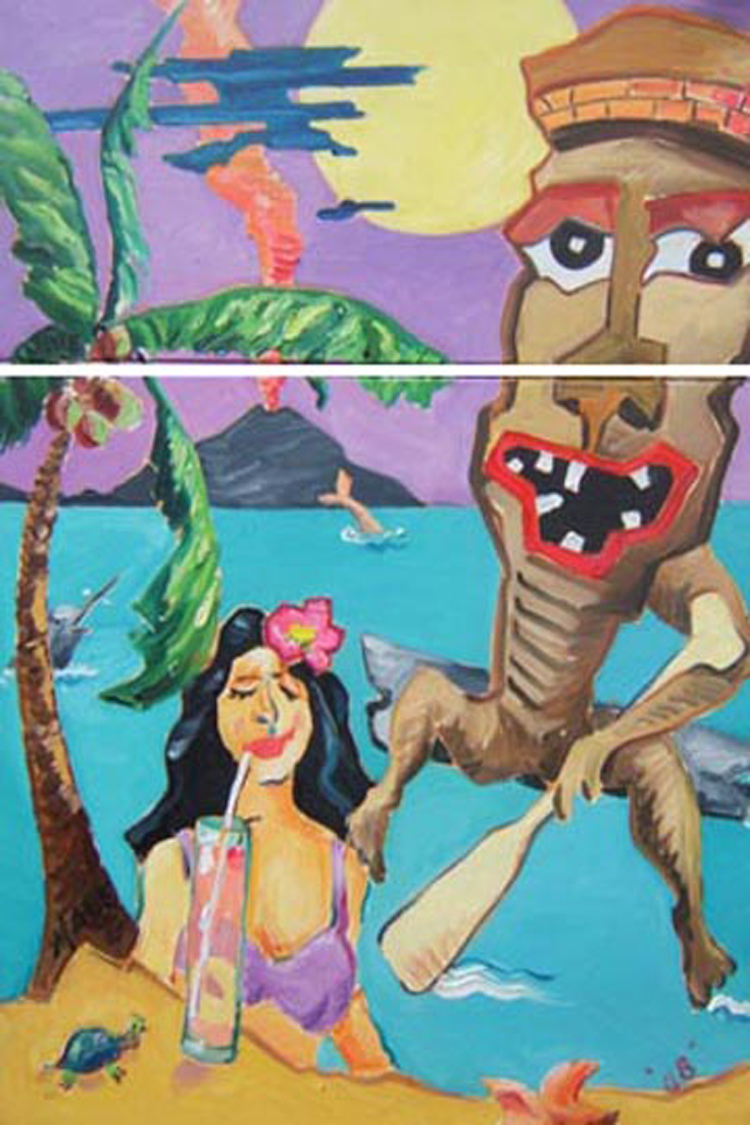 SOLD L012 2008 'Tiki God with Girl' Diptych 36x18" and 36"x36" (36"x54" total) (also in Landscape)