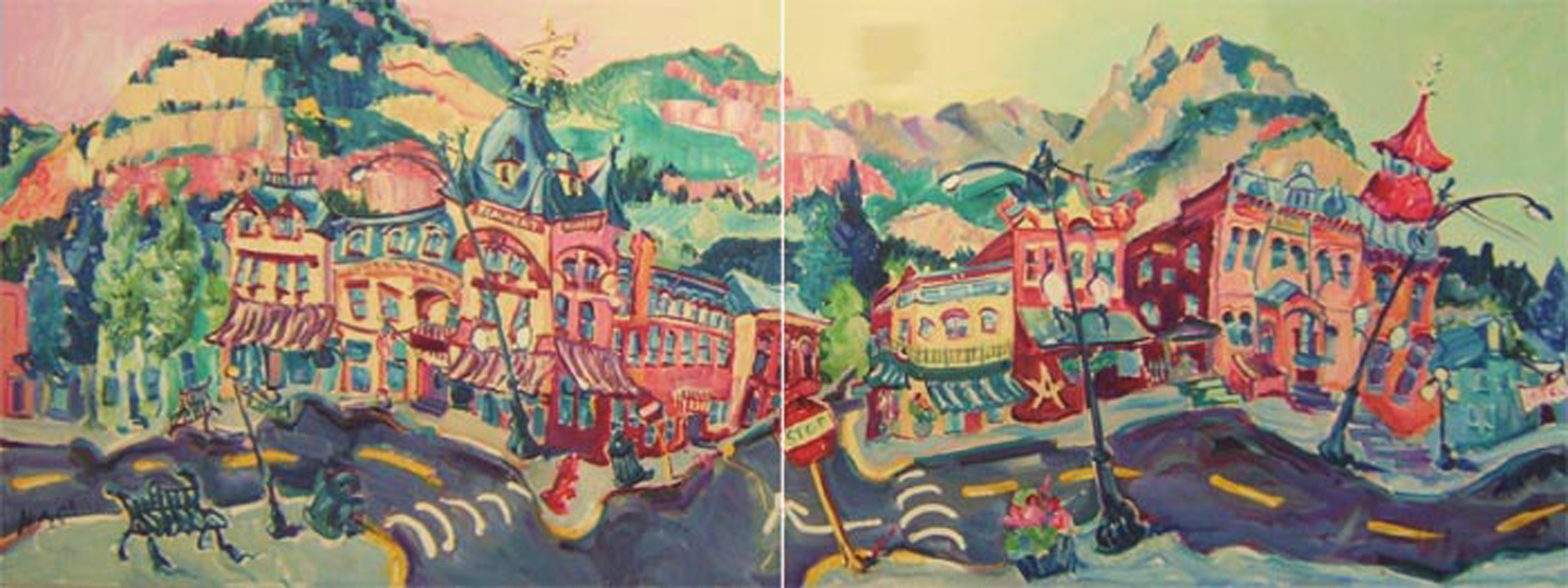 SOLD L022 2009 'Beaumont, Elks, Masons, Downtown Ouray' Diptych. 48"x36" 48"x36"