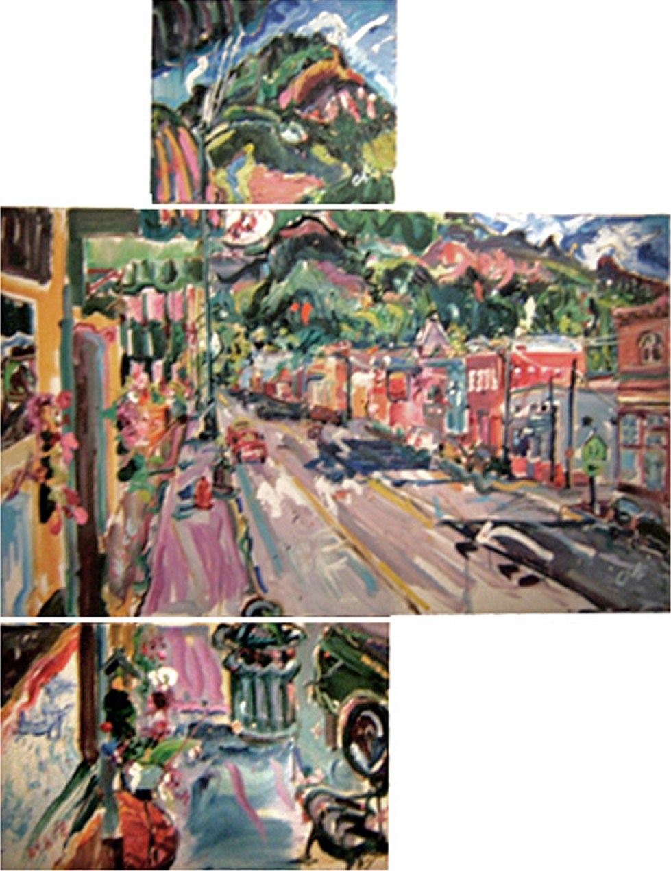 SOLD L023 2004 'Main Street Ouray' Tryptch 17"x17" 47"x27" 27"x17" (47" x61"total)